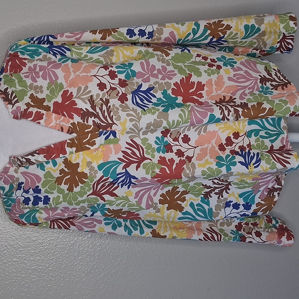 St. John's Bay Womens Split Crew Neck Roll-tab Sleeve Blouse Coral Multicolor PM - Picture 2 of 16